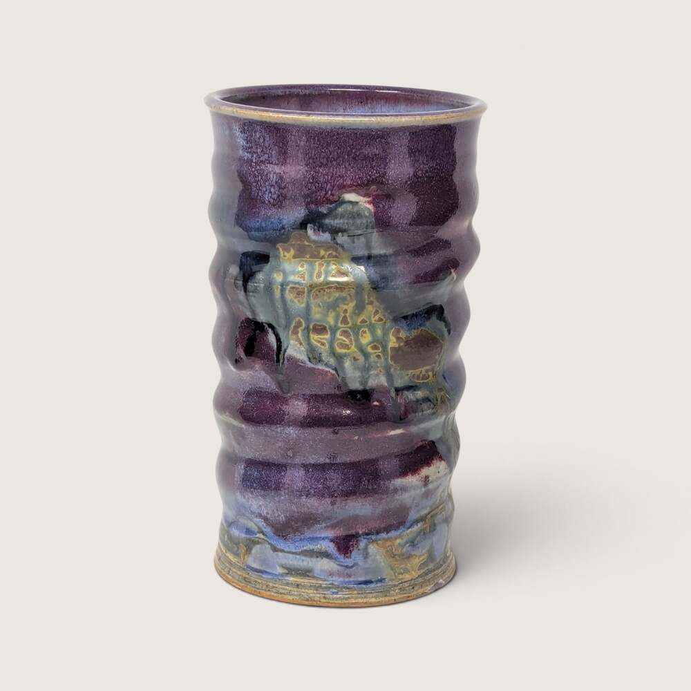 Vintage Studio Pottery Fluted Ribbed Vase Handmade Colorful Stoneware Boho Decor